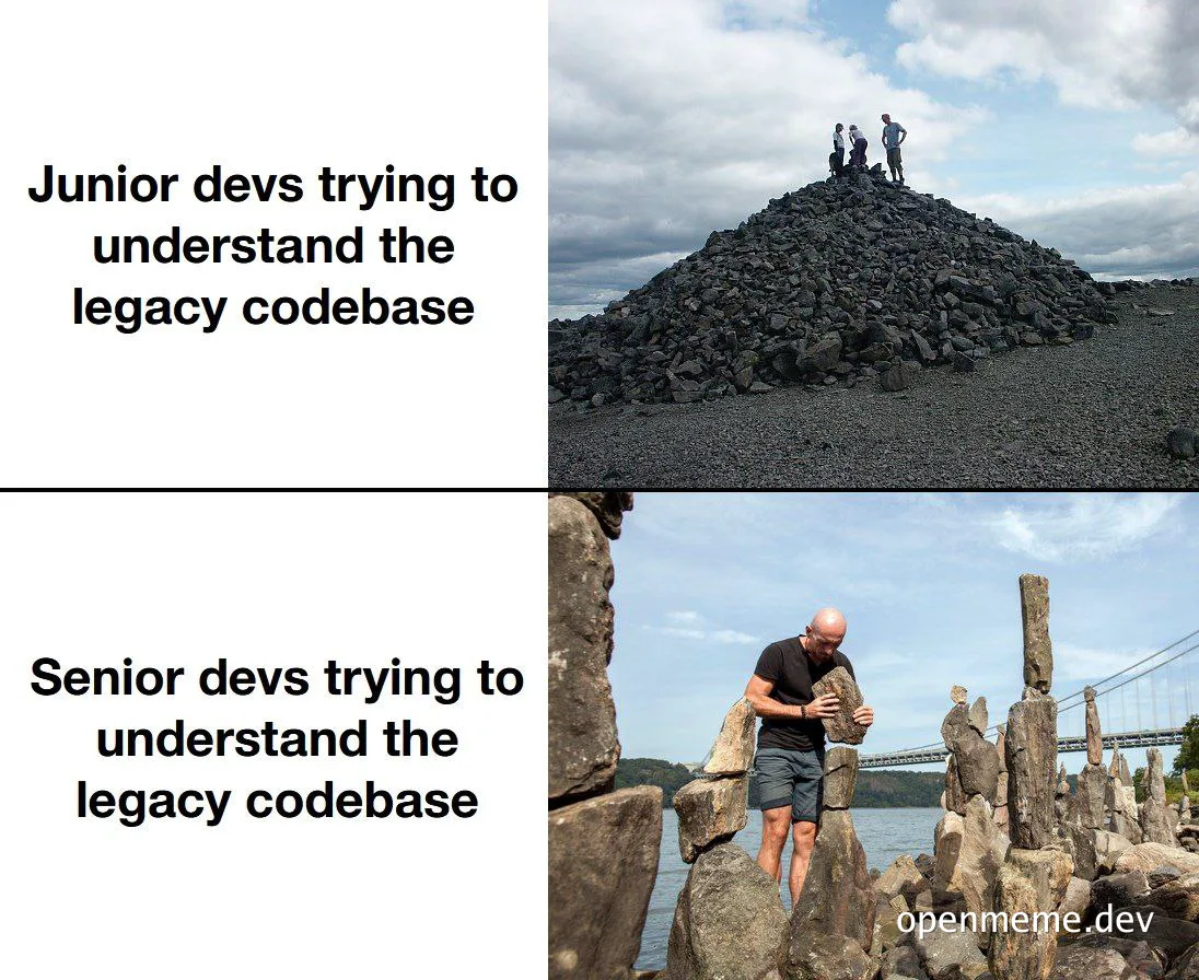 junior vs senior devs understanding legacy codebase meme