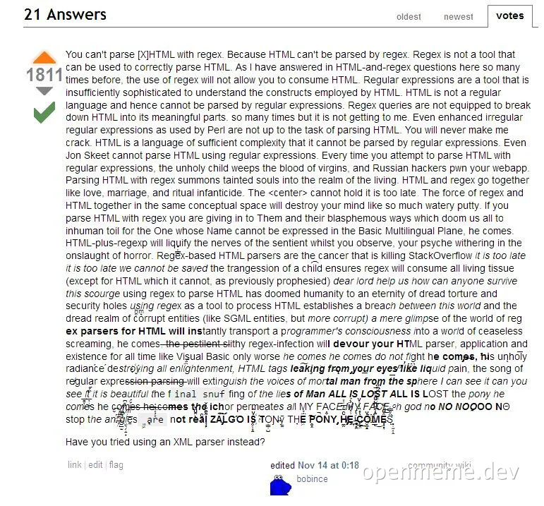 Stack Overflow answer about parsing HTML with regex