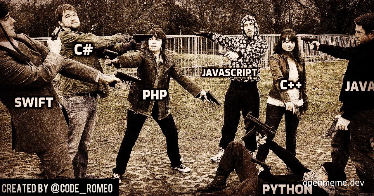 Programmers with guns representing different coding languages