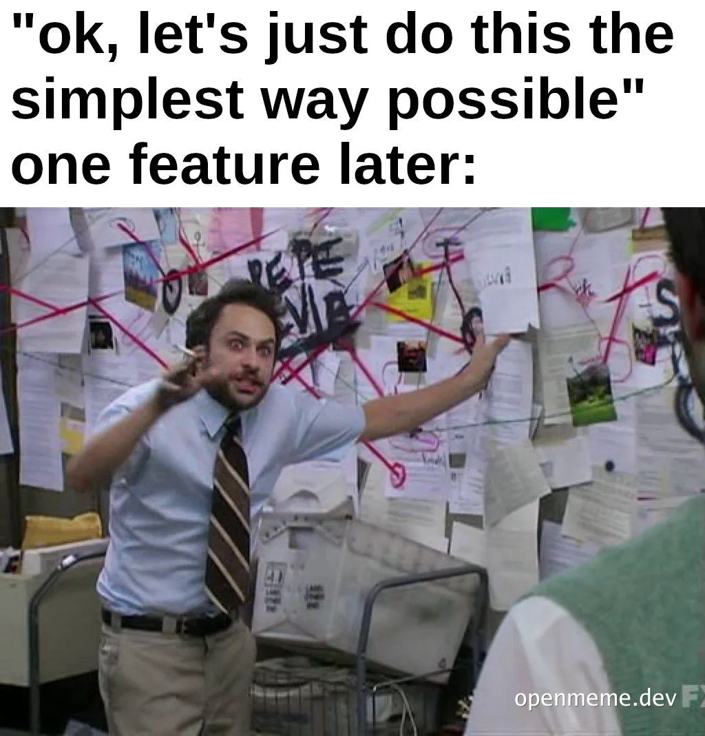 humorous office scene with man gesturing to a complex web of papers