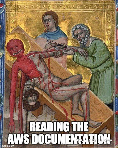 Medieval-style illustration of a person being brutally operated on with a red demon-like creature nearby, captioned 'READING THE AWS DOCUMENTATION'