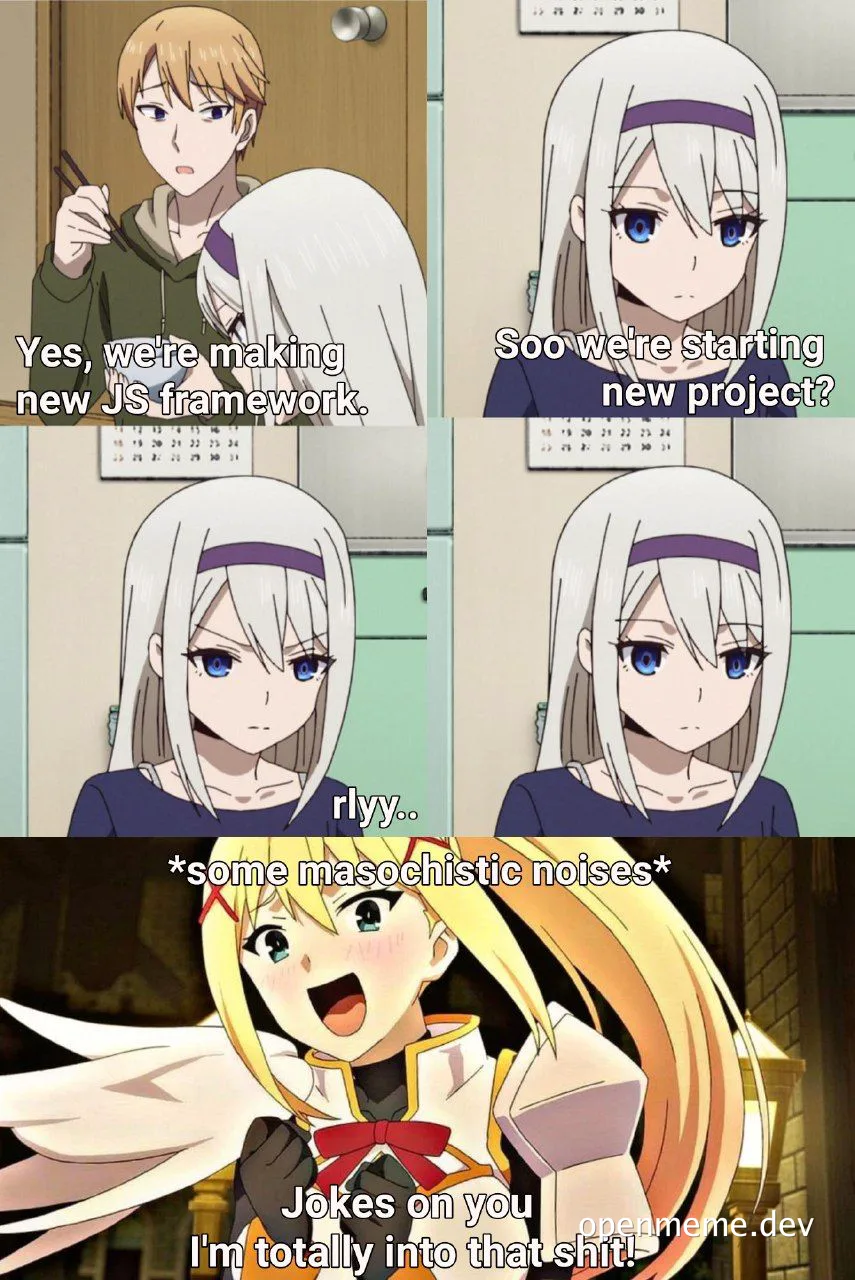 anime-style meme about developer's enthusiasm for a new JavaScript framework