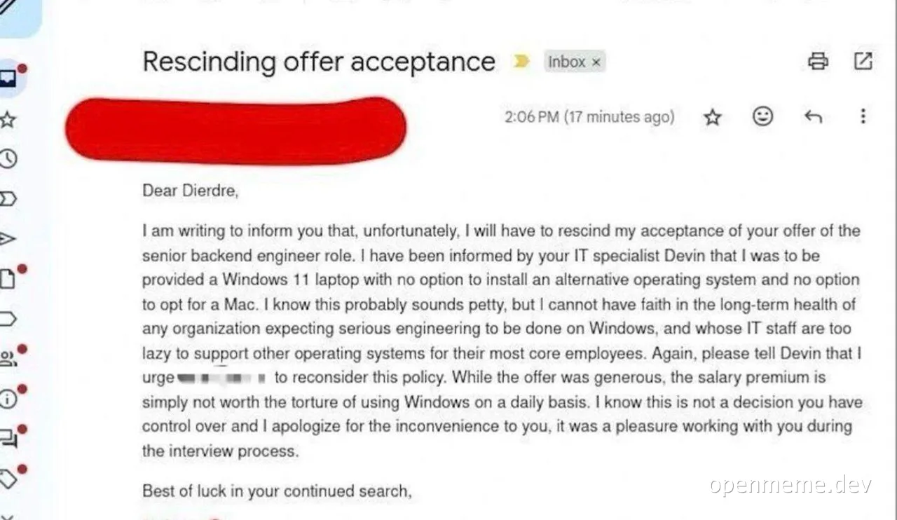 Rescinding job offer due to Windows-only policy