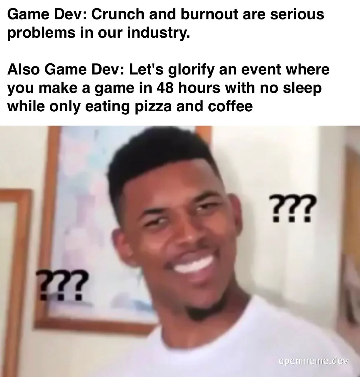 Confused man with question marks around him, representing game developer's dilemma
