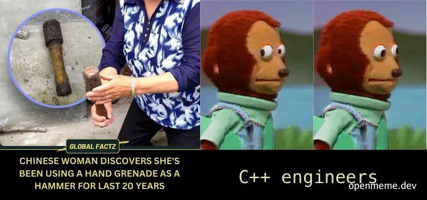 Monkey meme with C++ engineers caption and woman using hand grenade as hammer
