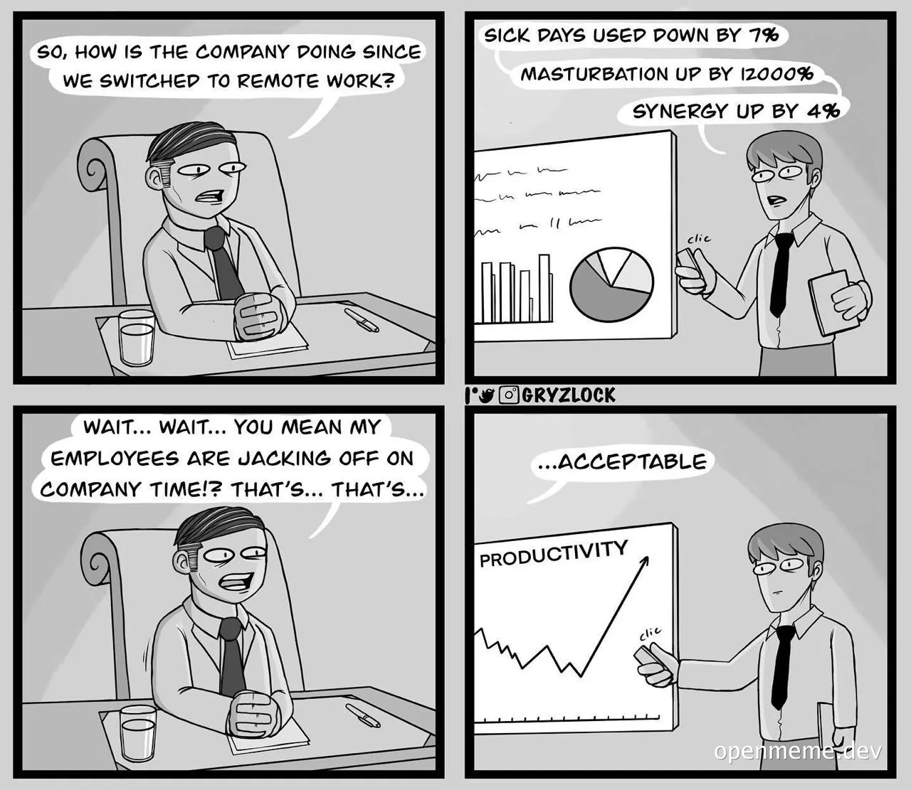 cartoon office scene with two employees discussing remote work statistics