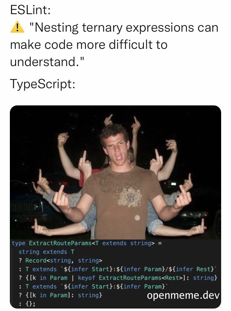 man flipping off with ESLint and TypeScript code in background