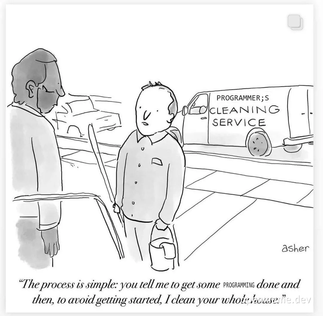 cartoon of a man talking to a cleaner with a van in the background