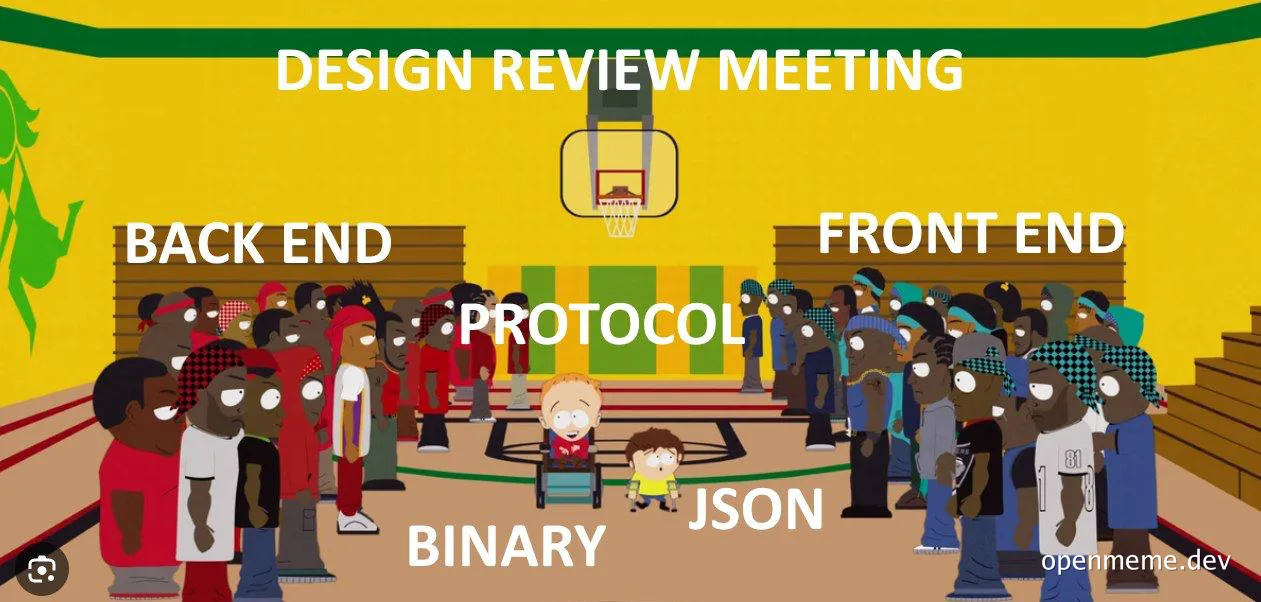 Cartoon characters divided into back end and front end groups for a design review meeting