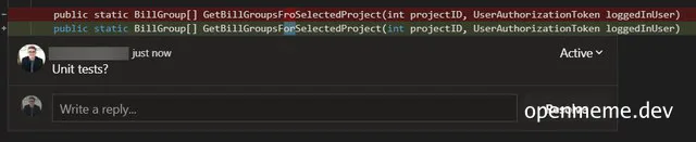 a screenshot of a developer's question about unit tests in a code review