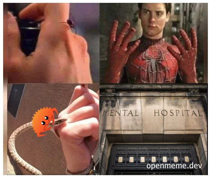 spiderman holding up hands with web shooter on finger and mental hospital sign with orange creature