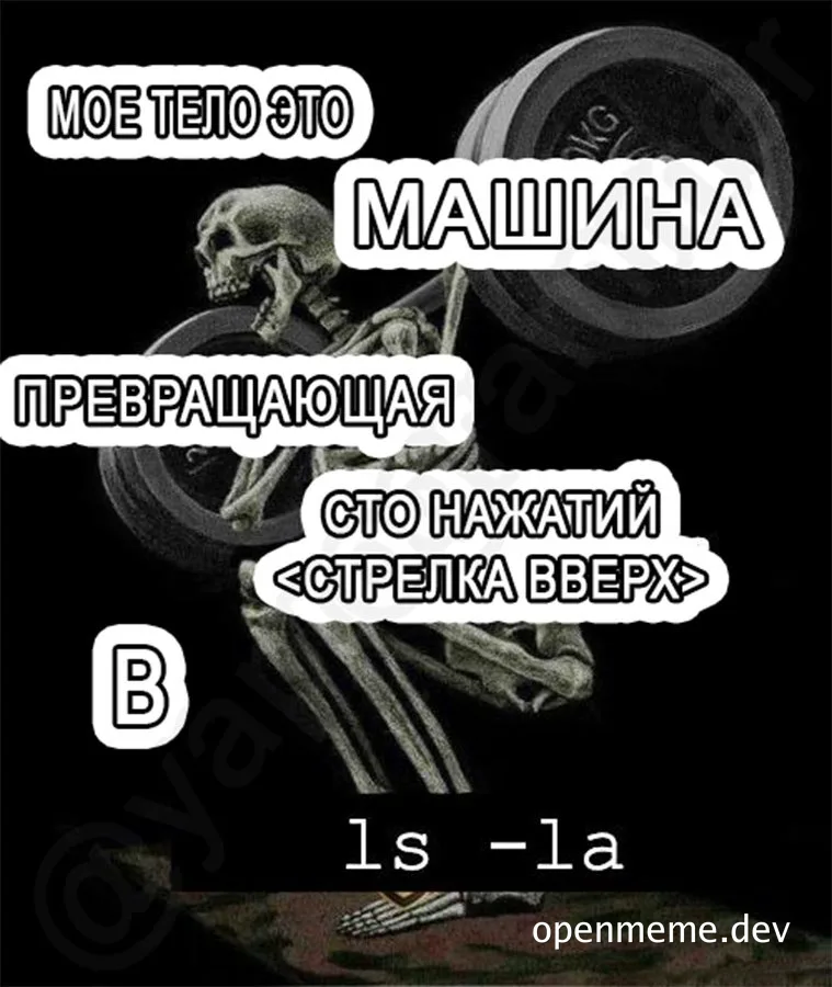 Skeleton lifting weights with Russian text overlay