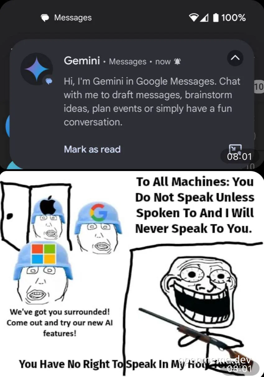 Gemini AI chatbot meme with surrounded logos and a troll face