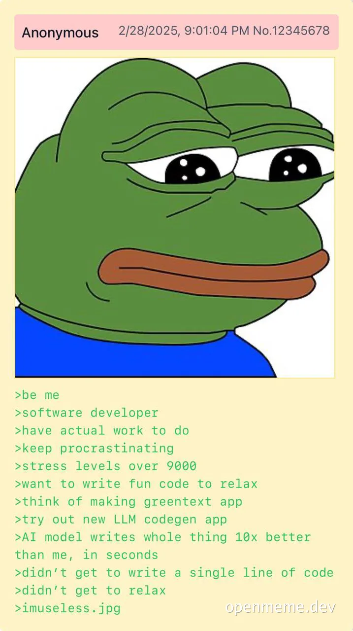 Pepe the Frog with a stressed expression, representing a software developer's frustration with AI code generation