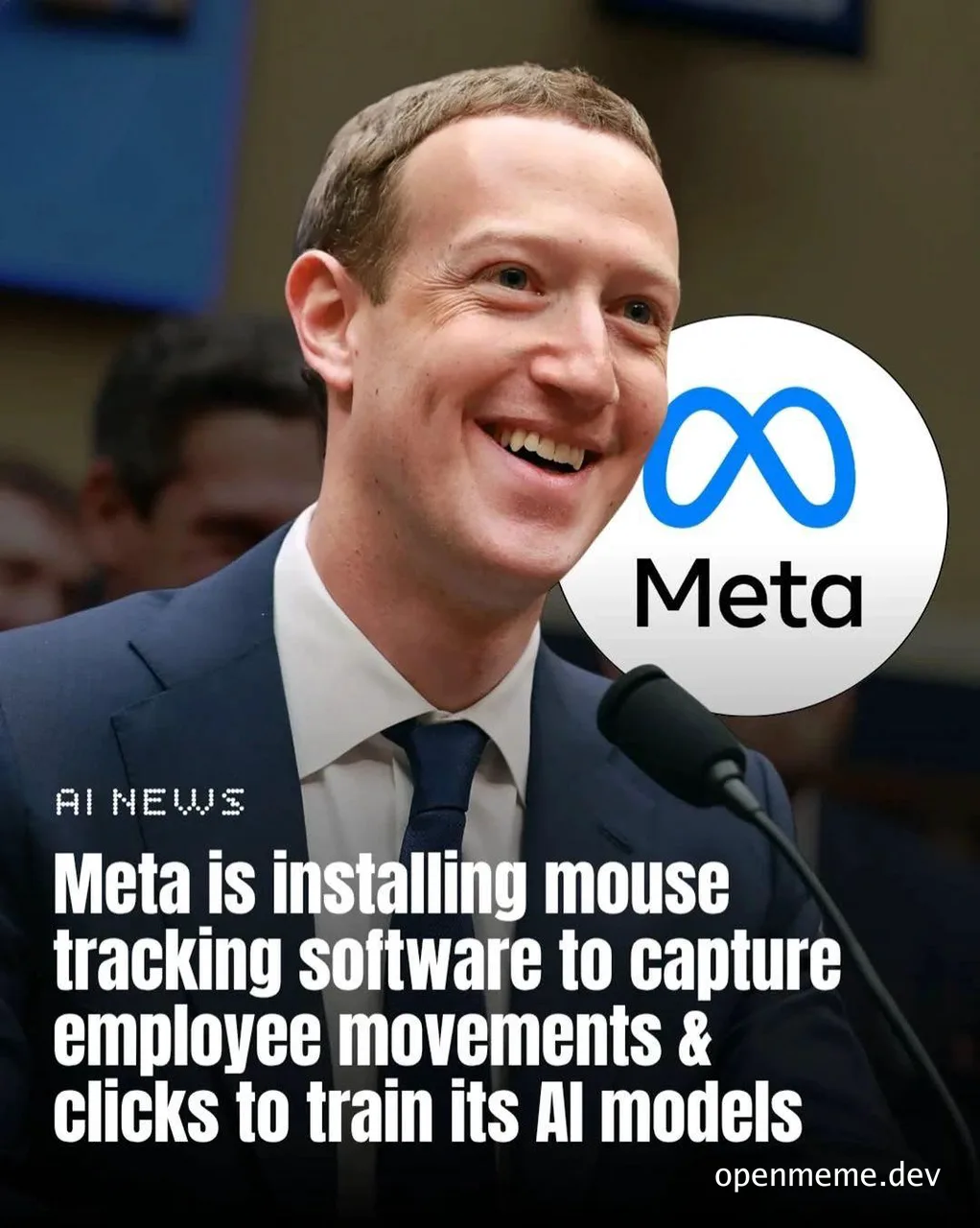 Mark Zuckerberg smiling with Meta logo and text about AI training