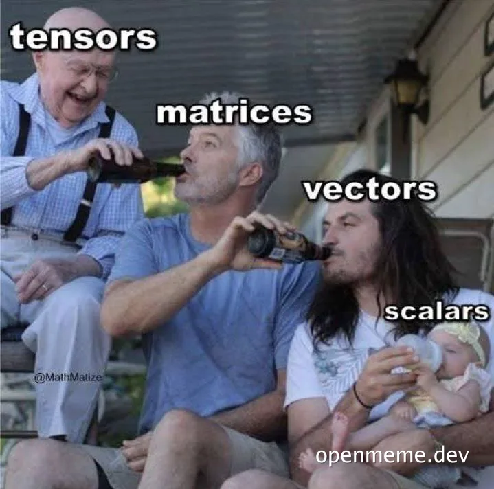 Three men sitting on a porch, drinking beer with labels 'tensors', 'matrices', 'vectors', and a baby bottle labeled 'scalars'