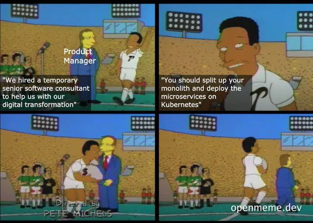 The Simpsons meme about a product manager and a senior software consultant discussing digital transformation and microservices on Kubernetes
