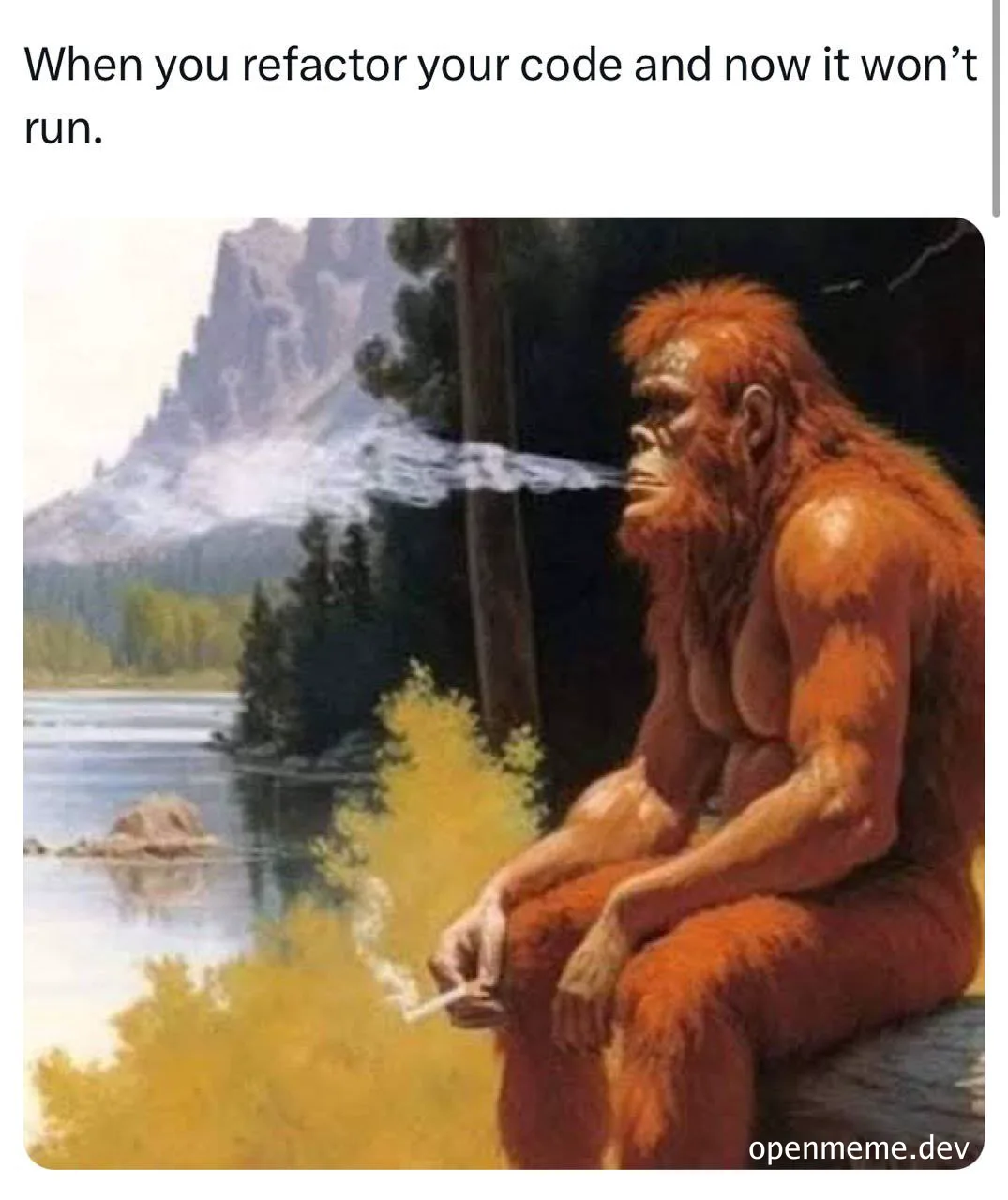 bigfoot sitting by a lake smoking a cigarette