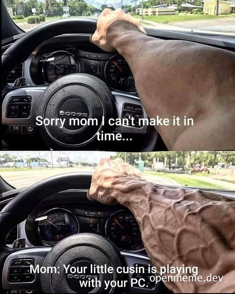 meme of muscular arm in a car with text about missing an event due to someone playing with a PC