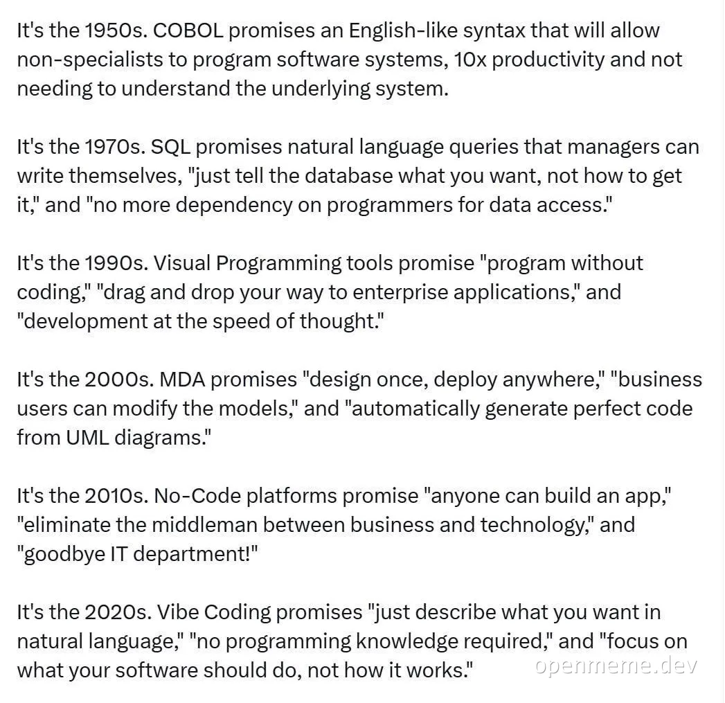 Text meme listing a decade-by-decade timeline from COBOL to Vibe Coding, each promising that non-programmers can build