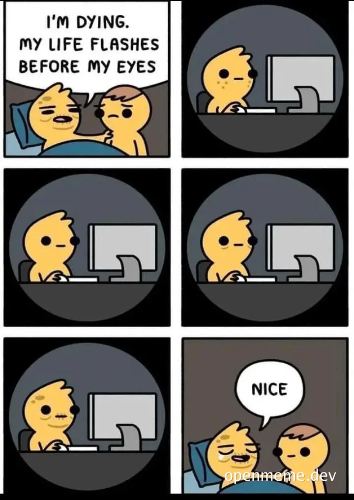 Comic strip of a yellow character dying in bed, flashing back to working at a computer, then smiling and saying nice.