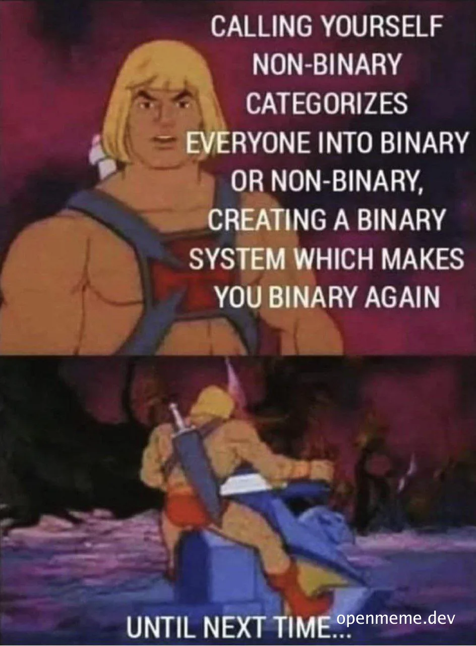 He-Man riding away on a motorcycle with a caption about non-binary identity