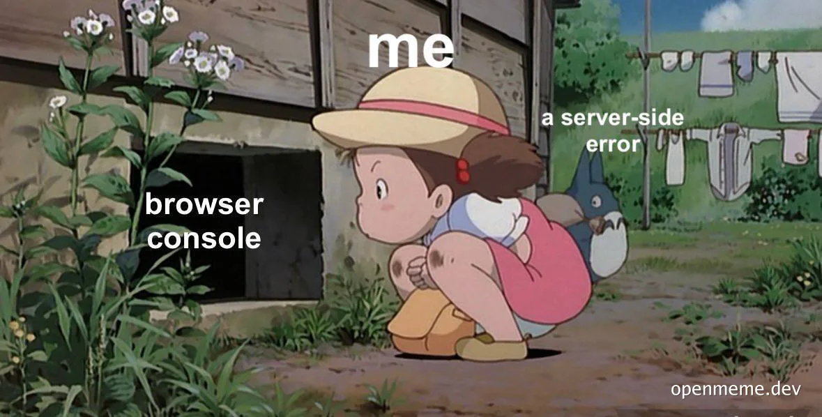 Miyazaki girl looking into a hole labeled browser console while a soot creature labeled a server-side error looks on