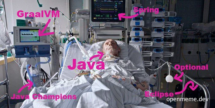 a man in a hospital bed with tubes labeled with Java and Spring