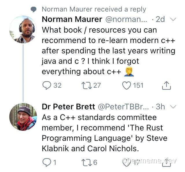 A developer seeks C++ advice on social media