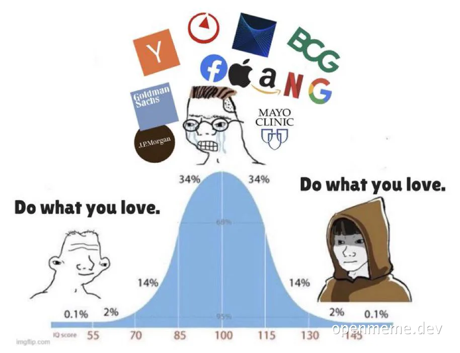 meme about doing what you love vs. working at top companies