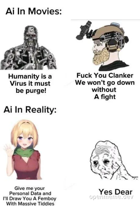 AI depiction meme comparing Hollywood portrayals to real-life interactions