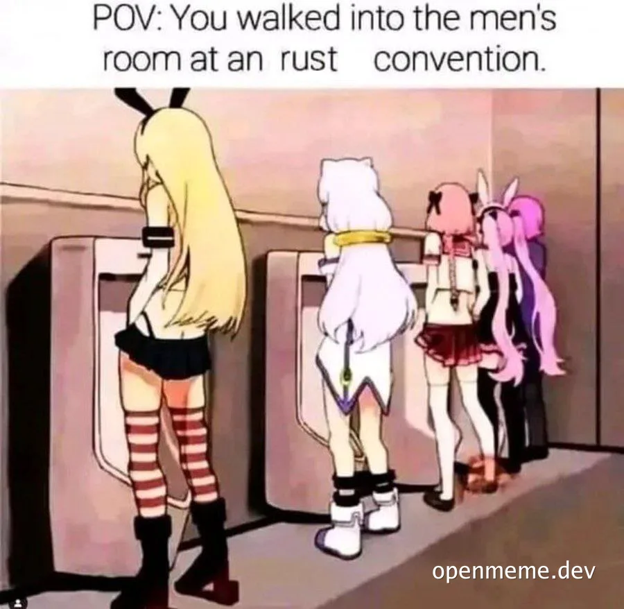 anime-style cartoon girls in cosplay standing at urinals