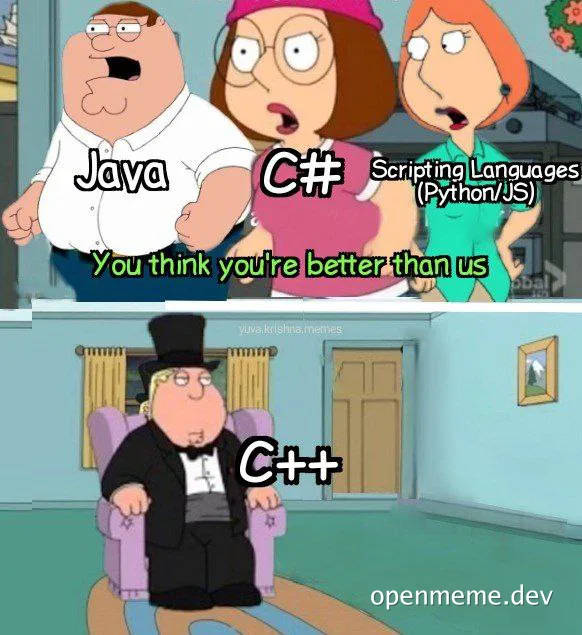 Family Guy scene with Java, C#, Scripting Languages, and C++ characters