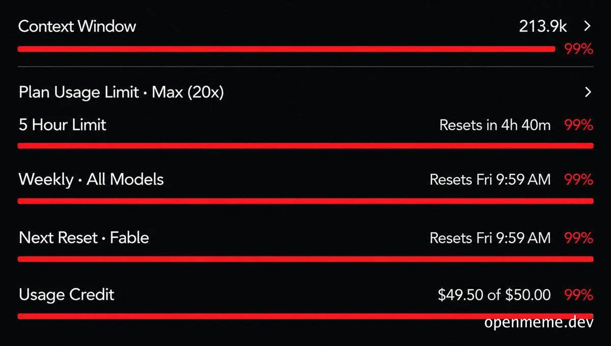Screenshot of Claude usage limits showing red progress bars at 99% for context window, plan usage, time limits, and credits.