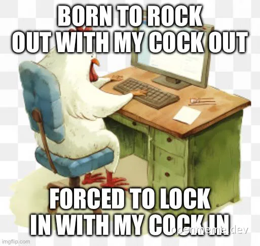 A white rooster sitting at a computer desk with text about rocking out and locking in.