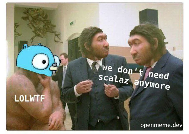 Two suited men talking, one saying 'we don't need scalaz anymore', with a shirtless man and a blue cartoon character in the background