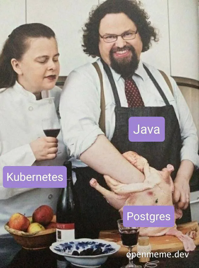 Man and woman in chef attire preparing a chicken with labels Java, Postgres, and Kubernetes