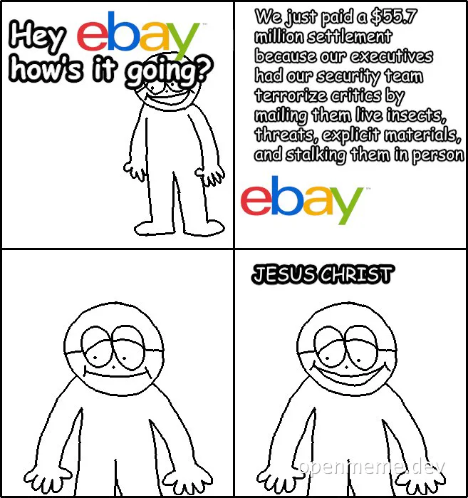 A 4-panel comic strip showing a character asking eBay how it is going, and eBay responding with a shocking confession about a $55.7 million settlement for terrorizing critics.