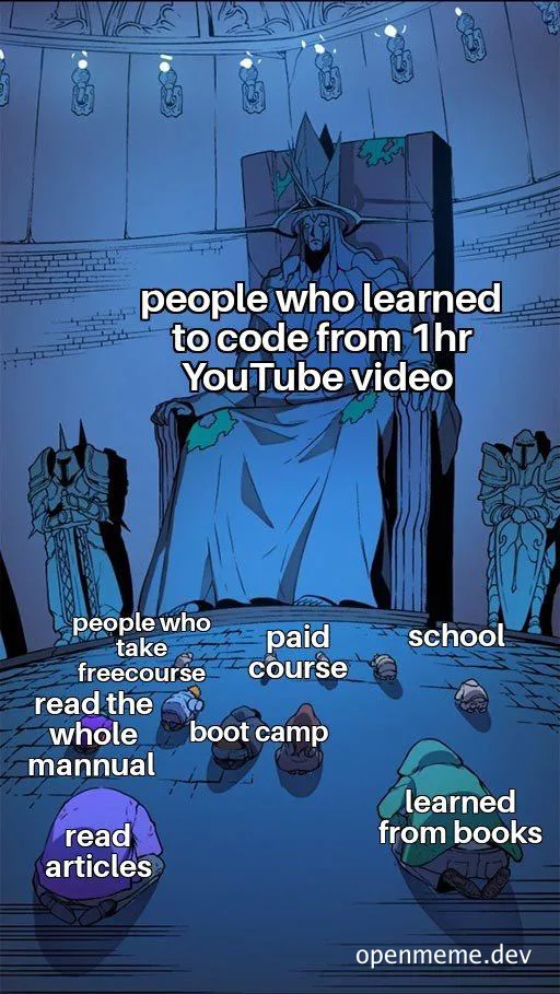 Cartoon image depicting people who learned to code from a 1hr YouTube video sitting on a throne, looking down on others who learned through different methods