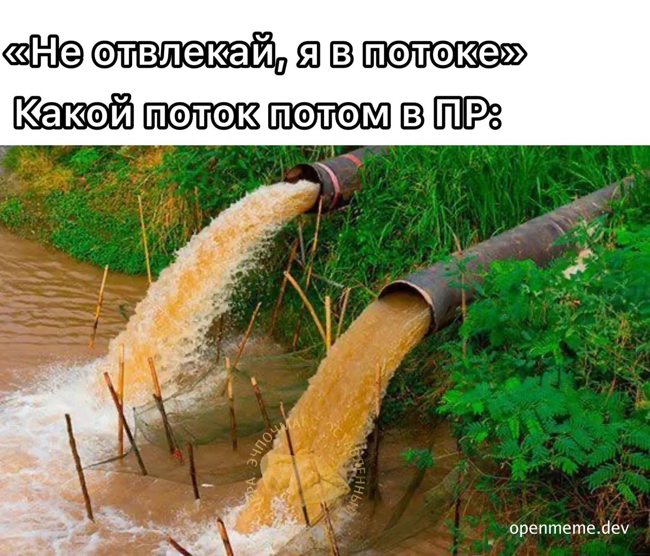 Two pipes discharging yellow liquid into a stream, with a humorous caption about being in the zone