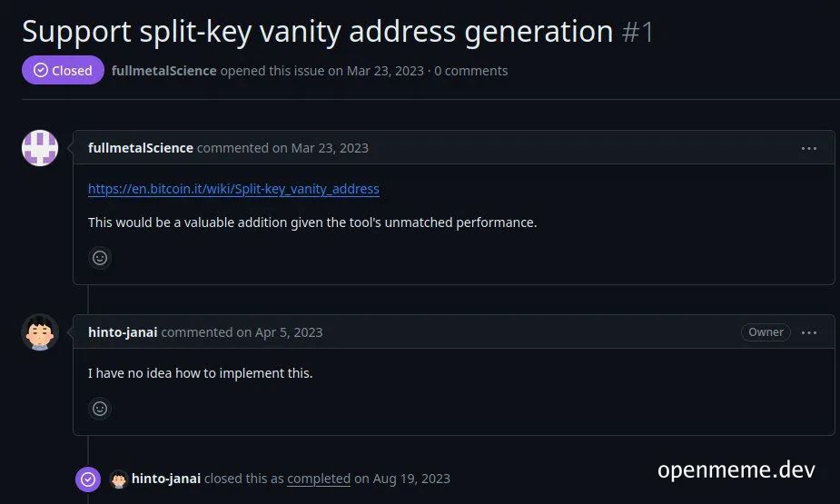 Support split-key vanity address generation issue on GitHub