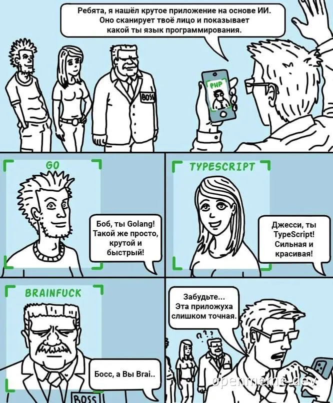 cartoon comic about boss and employees finding out their programming language