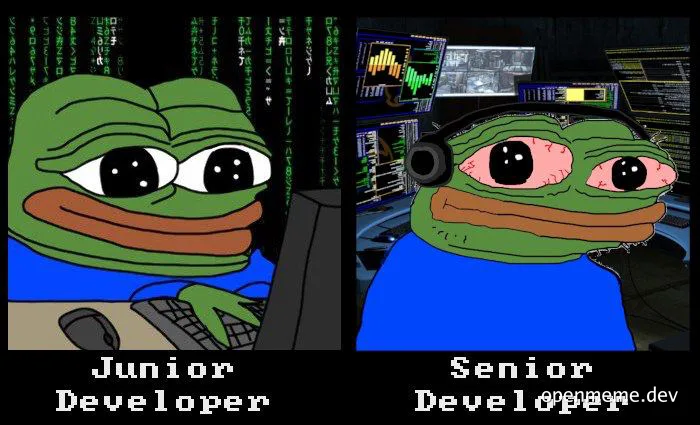 Pepe the Frog meme comparing junior and senior developer