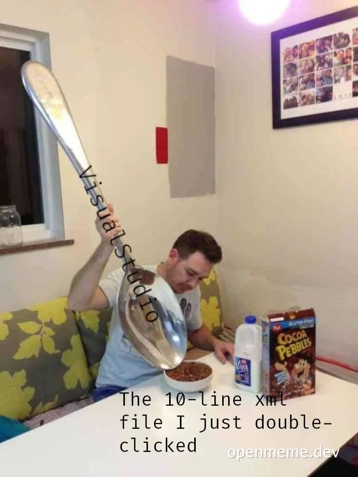 man holding giant spoon over cereal with Visual Studio logo