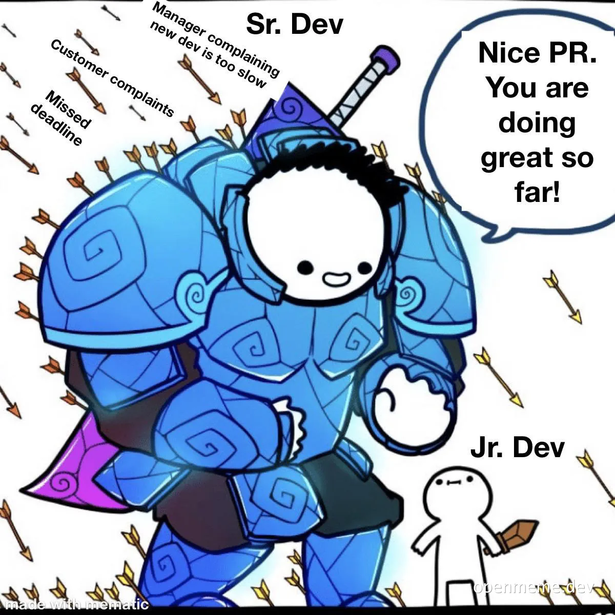 Sr. Dev in blue armor with arrows and a sword, talking to Jr. Dev