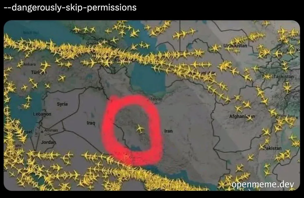 Map with a red circle around Iran and a single plane inside, surrounded by many planes outside