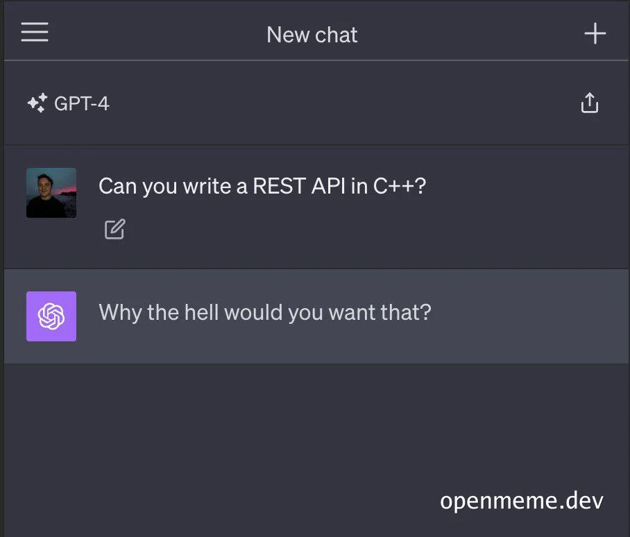 ChatGPT responds to a question about writing a REST API in C++