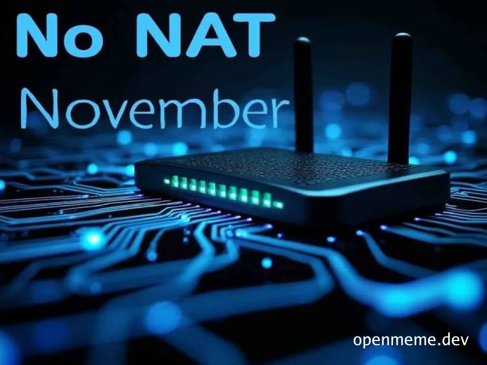 Text reading 'No NAT November' displayed above a wireless router sitting on a blue circuit board.