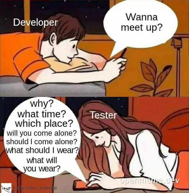 cartoon developer and tester meme about meeting up