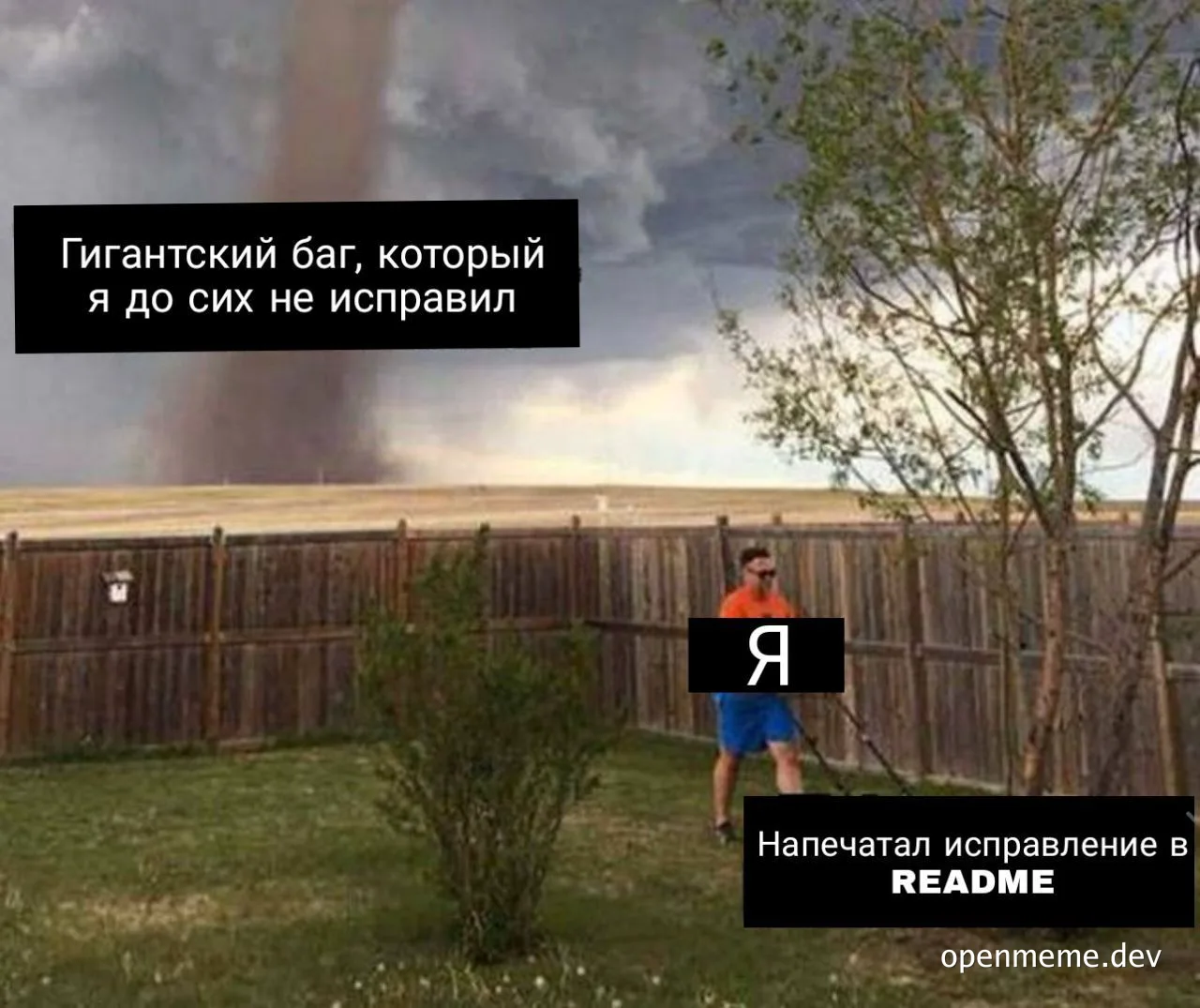 Tornado meme with a man standing in a yard and text about a giant bug